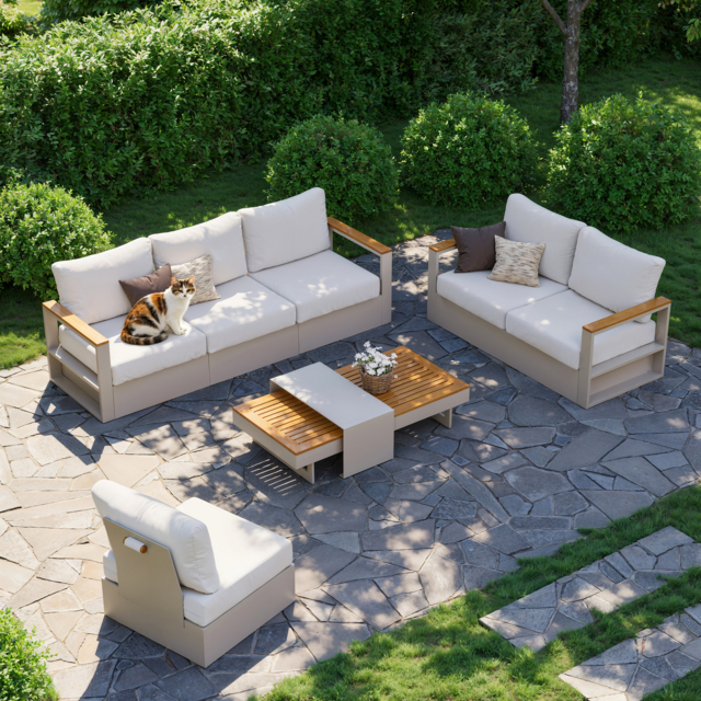 Convertible Outdoor Sectional Sofa Set with Teak & Aluminium Frame, Sand & Warm White (4-Piece) - image 1