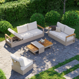 Convertible Outdoor Sectional Sofa Set with Teak & Aluminium Frame, Sand & Warm White (4-Piece)