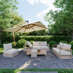 Convertible Outdoor Sectional Sofa Set with Teak & Aluminium Frame, Sand & Warm White (4-Piece) - thumbnail 4