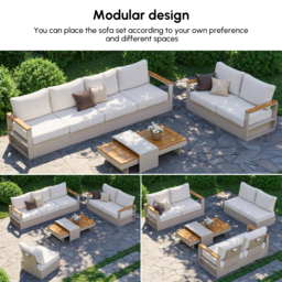 Convertible Outdoor Sectional Sofa Set with Teak & Aluminium Frame, Sand & Warm White (4-Piece) - thumbnail 6