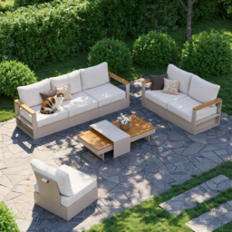 Convertible Outdoor Sectional Sofa Set with Teak & Aluminium Frame, Sand & Warm White (4-Piece) - thumbnail 1