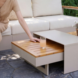 Convertible Outdoor Sectional Sofa Set with Teak & Aluminium Frame, Sand & Warm White (4-Piece) - thumbnail 8
