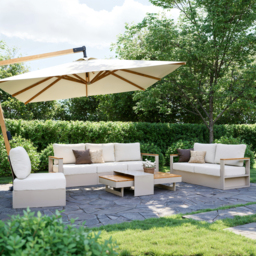 Convertible Outdoor Sectional Sofa Set with Teak & Aluminium Frame, Sand & Warm White (4-Piece) - thumbnail 5