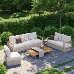 Convertible Outdoor Sectional Sofa Set with Teak & Aluminium Frame, Sand & Warm White (4-Piece) - thumbnail 2