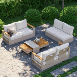 Convertible Outdoor Sectional Sofa Set with Teak & Aluminium Frame, Sand & Warm White (4-Piece) - thumbnail 3