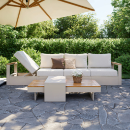 Convertible Outdoor Sectional Sofa Set with Teak & Aluminium Frame, Sand & Warm White (4-Piece) - thumbnail 4