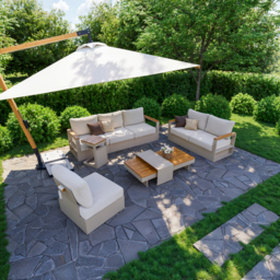 Convertible Outdoor Sectional Sofa Set with Teak & Aluminium Frame, Sand & Warm White (4-Piece) - thumbnail 5