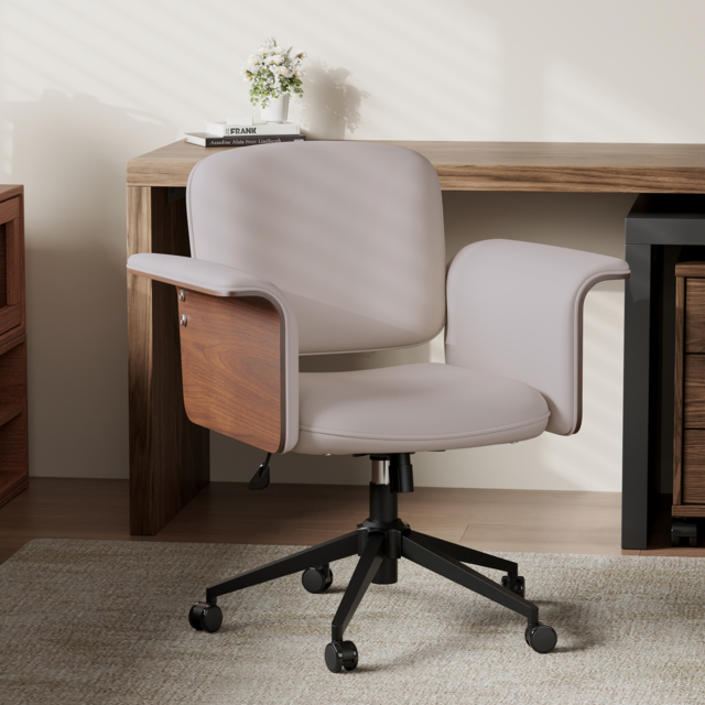 Wood & Faux Leather Office Chair - Ergonomic Adjustable Swivel (Khaki) - image 1