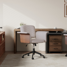 Wood & Faux Leather Office Chair - Ergonomic Adjustable Swivel (Khaki) - thumbnail 2
