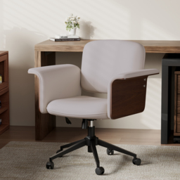 Wood & Faux Leather Office Chair - Ergonomic Adjustable Swivel (Khaki) - thumbnail 4