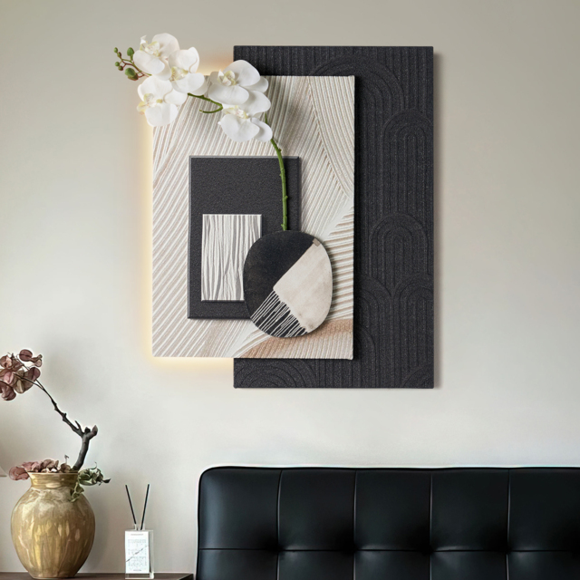Modern Black & White Wall Art with LED Warm Light & Faux Orchid – 600mm x 490mm - image 1