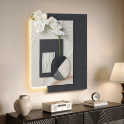 Modern Black & White Wall Art with LED Warm Light & Faux Orchid – 600mm x 490mm - thumbnail 3