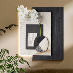 Modern Black & White Wall Art with LED Warm Light & Faux Orchid – 600mm x 490mm - thumbnail 2
