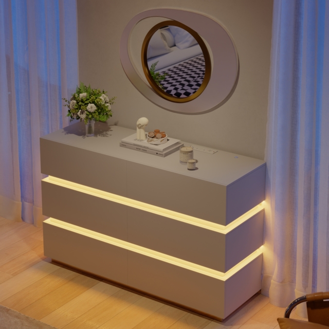 120 cm Modern White 6 Drawer LED Chest of Drawers Bedroom Storage Cabinet - image 1