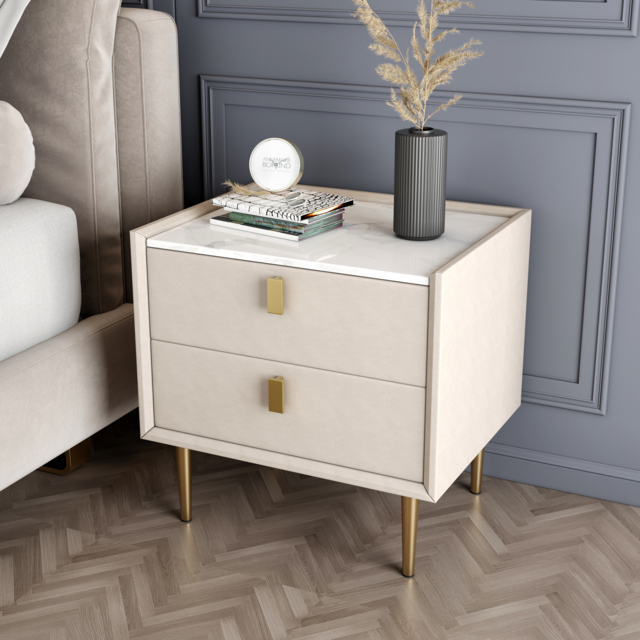 Sintered Stone Top 2-Drawer Leather Bedside Table - image 1