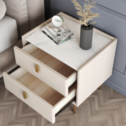 Sintered Stone Top 2-Drawer Leather Bedside Table - thumbnail 2