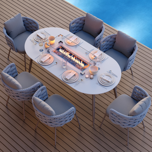 7 PCS Outdoor Propane Fire Pit Table & Rope Woven Armchair Oval Outdoor Dining Set Modern Yard & Ptio Furniture for 6 Person in Gray - image 1