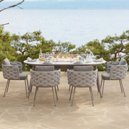 7 PCS Outdoor Propane Fire Pit Table & Rope Woven Armchair Oval Outdoor Dining Set Modern Yard & Ptio Furniture for 6 Person in Gray - thumbnail 3