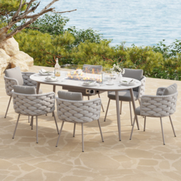 7 PCS Outdoor Propane Fire Pit Table & Rope Woven Armchair Oval Outdoor Dining Set Modern Yard & Ptio Furniture for 6 Person in Gray - thumbnail 2