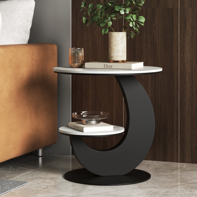 Sintered Stone Side Table 2 Tier Decorative Cocktail Table Round End Table Modern Simplicity Living Room - image 1