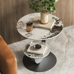 Sintered Stone Side Table 2 Tier Decorative Cocktail Table Round End Table Modern Simplicity Living Room - thumbnail 2