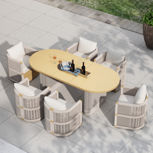 Costra Outdoor Aluminium Extendable Dining Set with 6 Woven Swivel Armchairs in Ivory - image 1