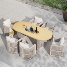 Costra Outdoor Aluminium Extendable Dining Set with 6 Woven Swivel Armchairs in Ivory