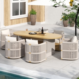 Costra Outdoor Aluminium Extendable Dining Set with 6 Woven Swivel Armchairs in Ivory - thumbnail 4