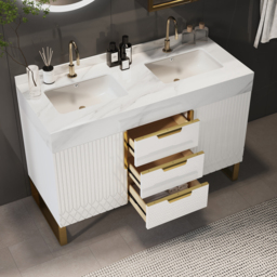 120 cm Bathroom Vanity Freestanding Cultured Marble Top with Double Sink Drawers & Doors White - thumbnail 4