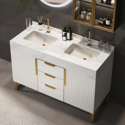 120 cm Bathroom Vanity Freestanding Cultured Marble Top with Double Sink Drawers & Doors White - thumbnail 2