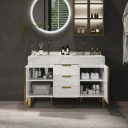 120 cm Bathroom Vanity Freestanding Cultured Marble Top with Double Sink Drawers & Doors White - thumbnail 3