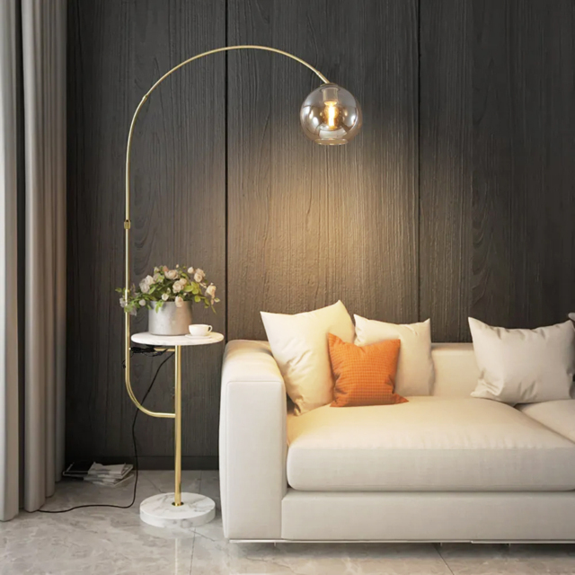 Modern Gold Arc Floor Lamp for Living Room with Shelf & Wireless Charger & USB - image 1