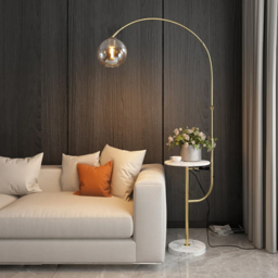 Modern Gold Arc Floor Lamp for Living Room with Shelf & Wireless Charger & USB - thumbnail 3