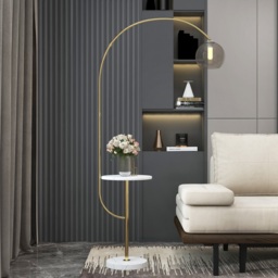 Modern Gold Arc Floor Lamp for Living Room with Shelf & Wireless Charger & USB - thumbnail 2