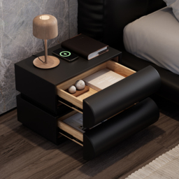 Bedroom Set 2 Black Leather Smart Nightstands & Makeup Vanity Set PU Leather Dressing Table Set - thumbnail 5