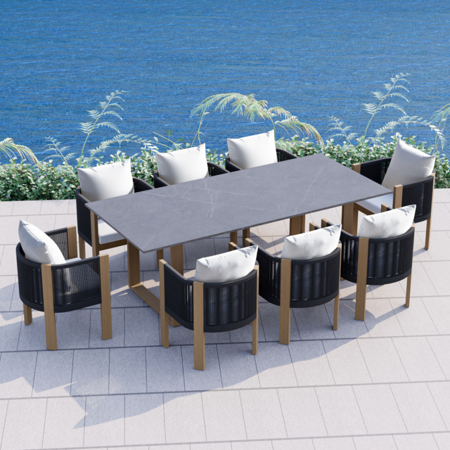 9 PCS 2200m Faux Marble Outdoor Dining Table Set with Woven Rope Chairs in Gray for 8 Person Patio & Yard Large Marble Outdoor Dining Table with Chair - image 1
