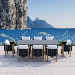 9 PCS 2200m Faux Marble Outdoor Dining Table Set with Woven Rope Chairs in Gray for 8 Person Patio & Yard Large Marble Outdoor Dining Table with Chair - thumbnail 2