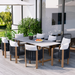 9 PCS 2200m Faux Marble Outdoor Dining Table Set with Woven Rope Chairs in Gray for 8 Person Patio & Yard Large Marble Outdoor Dining Table with Chair - thumbnail 4