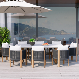 9 PCS 2200m Faux Marble Outdoor Dining Table Set with Woven Rope Chairs in Gray for 8 Person Patio & Yard Large Marble Outdoor Dining Table with Chair - thumbnail 5