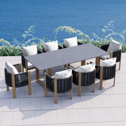 9 PCS 2200m Faux Marble Outdoor Dining Table Set with Woven Rope Chairs in Gray for 8 Person Patio & Yard Large Marble Outdoor Dining Table with Chair - thumbnail 1