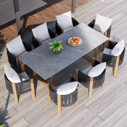 9 PCS 2200m Faux Marble Outdoor Dining Table Set with Woven Rope Chairs in Gray for 8 Person Patio & Yard Large Marble Outdoor Dining Table with Chair - thumbnail 3