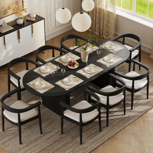 Japandi 2000mm-2400mm Oval Extendable Black Dining Table & 8 Dining Chair Set - image 1