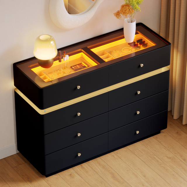 Glass 120 cm Top Walk-in Wardrobe Island 8-Drawer Dresser with Light - image 1