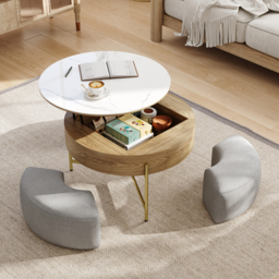 Round Lift-Top Coffee Table Set with 3 Ottomans and Storage White Tabletop and Light-Wood-Colored Body - thumbnail 3