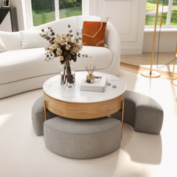 Round Lift-Top Coffee Table Set with 3 Ottomans and Storage White Tabletop and Light-Wood-Colored Body - thumbnail 4