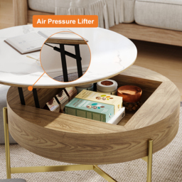 Round Lift-Top Coffee Table Set with 3 Ottomans and Storage White Tabletop and Light-Wood-Colored Body - thumbnail 7