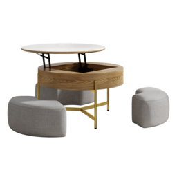 Round Lift-Top Coffee Table Set with 3 Ottomans and Storage White Tabletop and Light-Wood-Colored Body - thumbnail 6