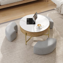 Round Lift-Top Coffee Table Set with 3 Ottomans and Storage White Tabletop and Light-Wood-Colored Body - thumbnail 2