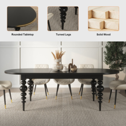 "79""-94"" Oval Dining Table Extendable for 10 Person with Turned Legs Mid-Century Modern Black Table" - thumbnail 5