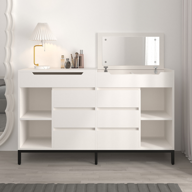 8 Drawer 1500mm Modern White Double Dresser Wide Cabinet with Flip-Top Mirror & Shelves